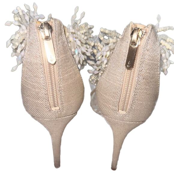 Sam Edelman Gillie Sand Linen Stilettos Open Toe Heels Beaded Size 7.5, 4'' Heel - Picture 6 of 13